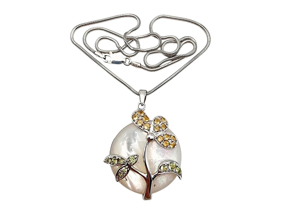 Vintage Sterling Silver Floral Pendant With Mother of Pearl & Gemstones ...