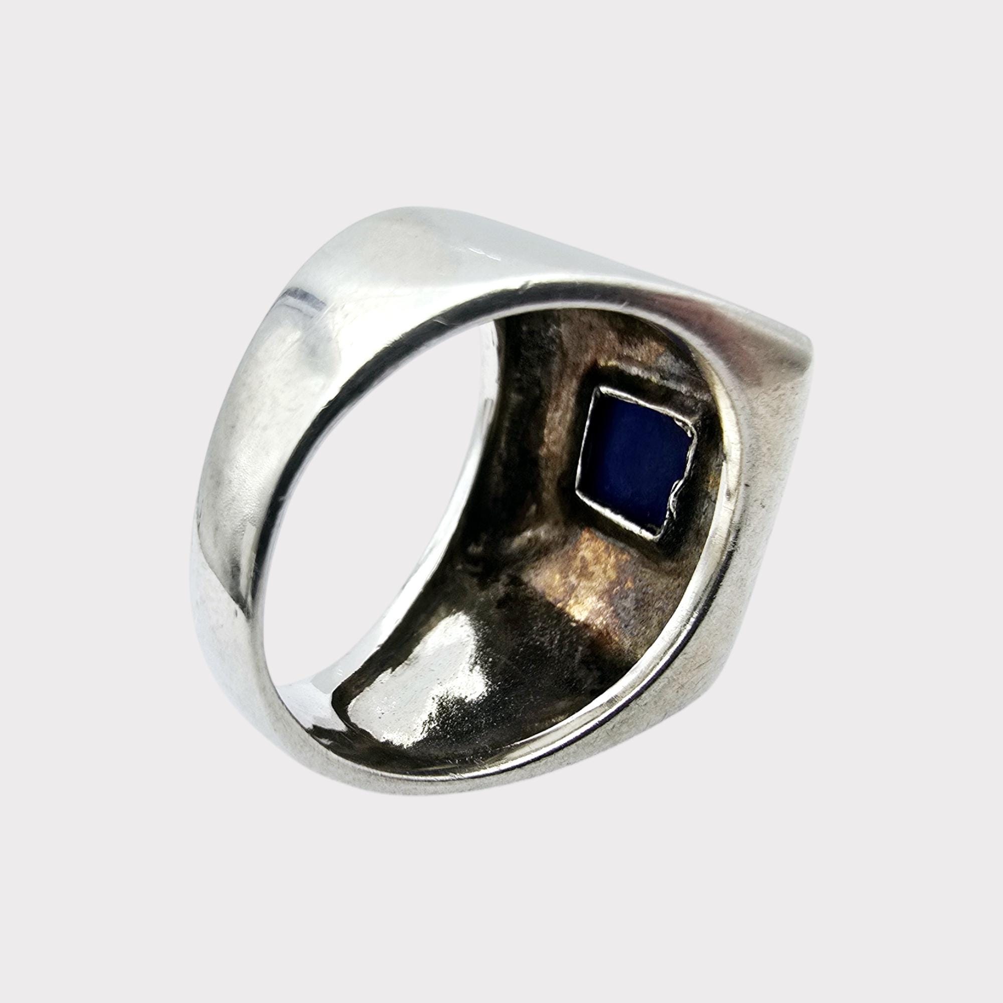 Bague Argent Massif 925 - Pierre Bleue - Style Moderniste Vintage - Signée EL - Occasion