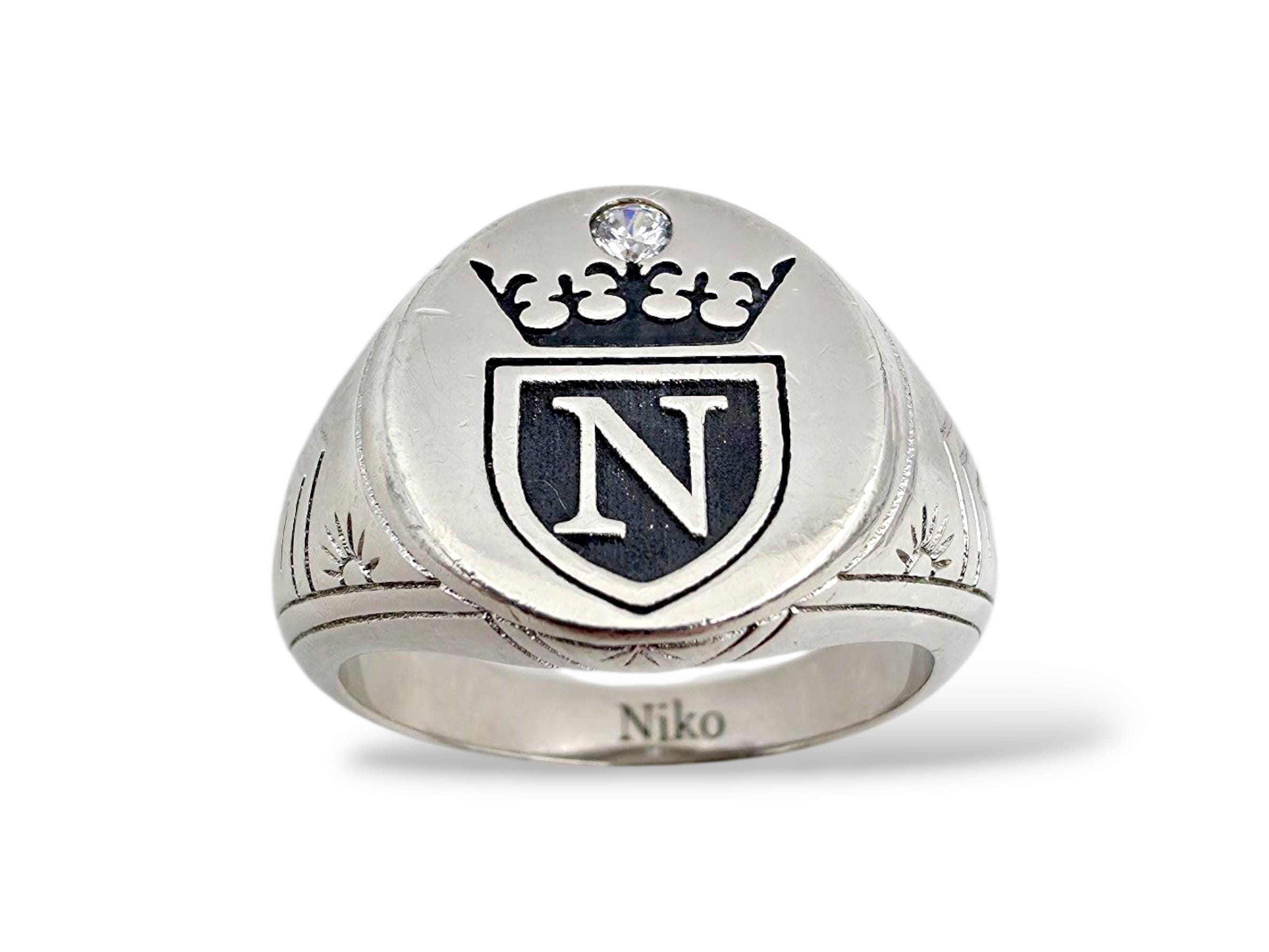 Sterling Silver Heraldic Signet Ring With Crown and Letter N