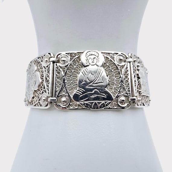 RARE Vintage Japanese Silver Panel Bracelet With Buddhist Motifs