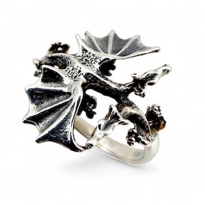 Könnte beinhalten: Detaillierter silberner Drachenring mit ausgebreiteten Flügeln und strukturierter Schuppung. Der Körper des Drachen umschließt das Ringband und erzeugt ein dreidimensionales Design. Der Ring ist vor weißem Hintergrund.
