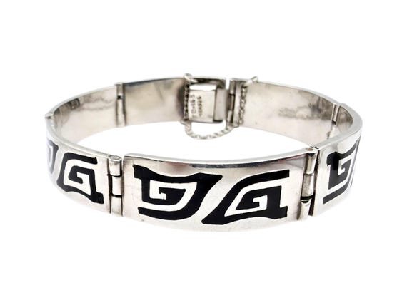 Vintage Mexican Silver Bracelet, Taxco TC-163, Black Enamel Inlay