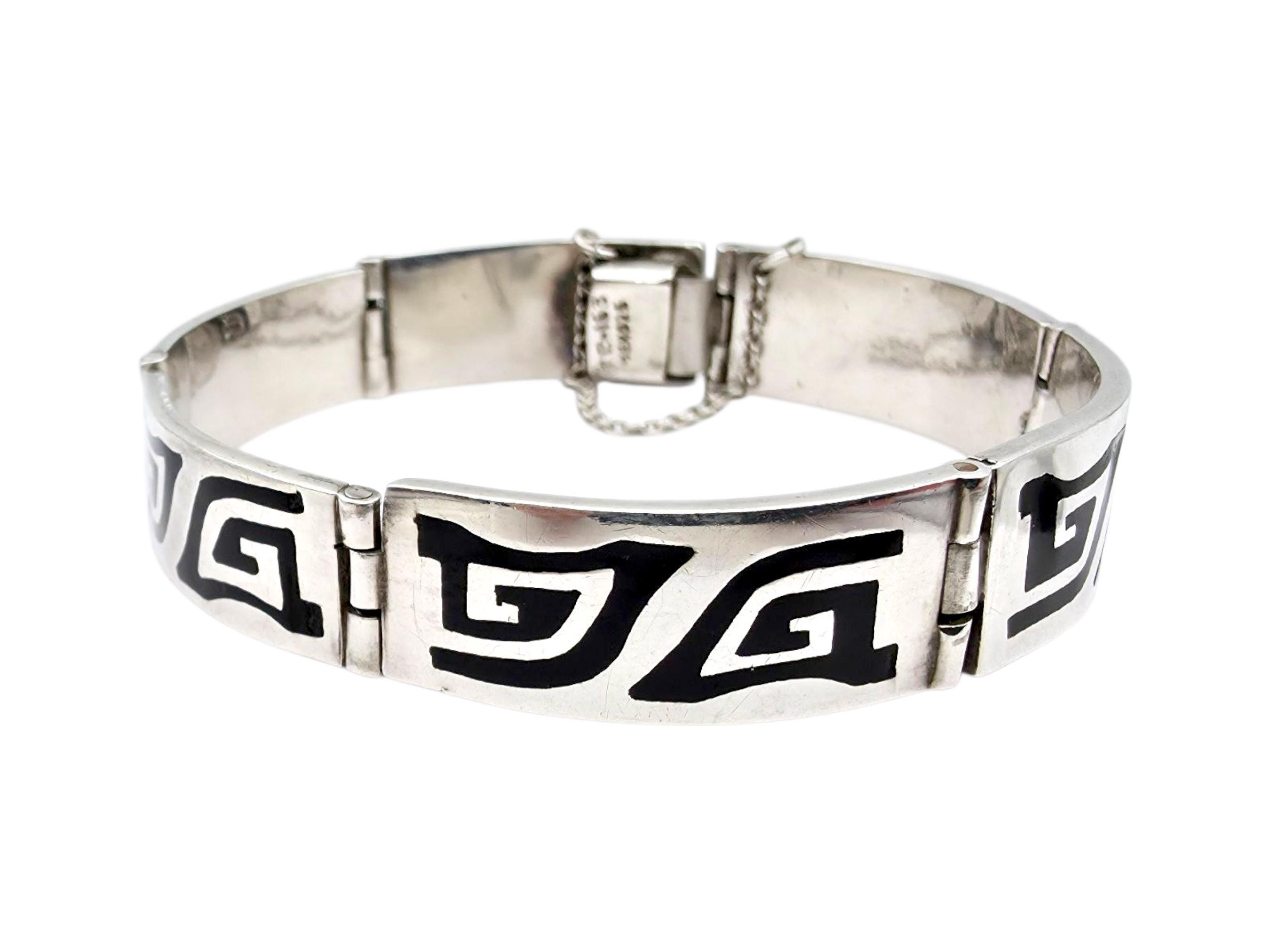 Vintage Mexican Silver Bracelet, Taxco TC-163, Black Enamel Inlay