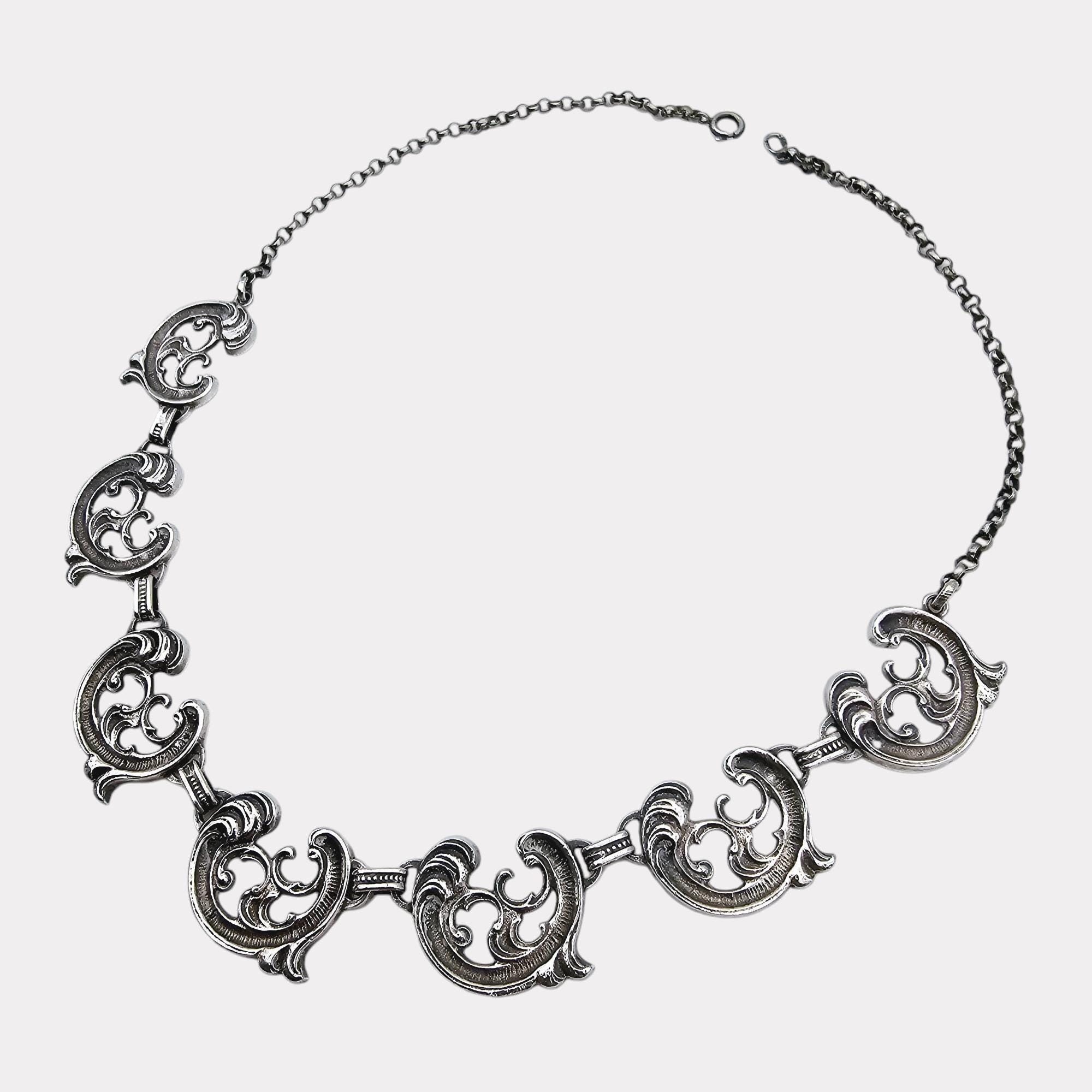 Ancien Collier Métal Argenté – Art Nouveau Original – France – Strass à Refaire