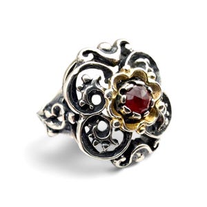 Vintage 835 Silver Red Ruby Garnet Filigree Ring - Antique European Openwork Floral Solitaire Band - EU 55 (US 7.25)