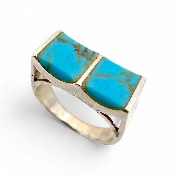Vintage Silver Turquoise Ring Rectangular Inlay 7… - image 4