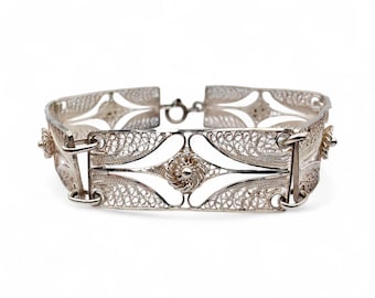Vintage Sterling Silver Filigree Bracelet - 1950s Floral Openwork Design