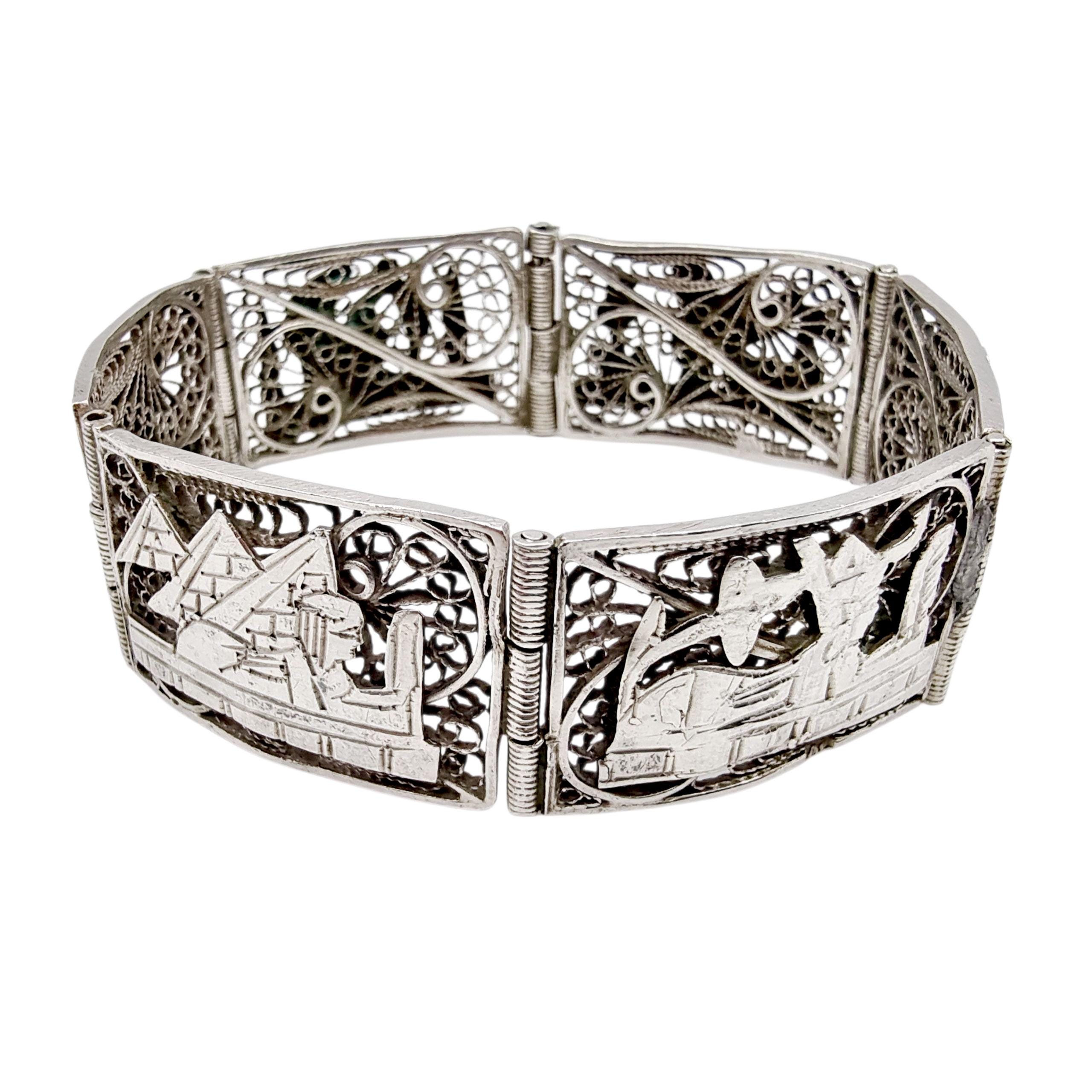 Vintage Egyptian Revival Silver Panel Bracelet – Handmade Filigree