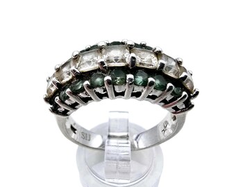 Vintage Sterling Silver Crossover Ring with Green Tourmaline & White Quartz – Size 63 (US 10.25)