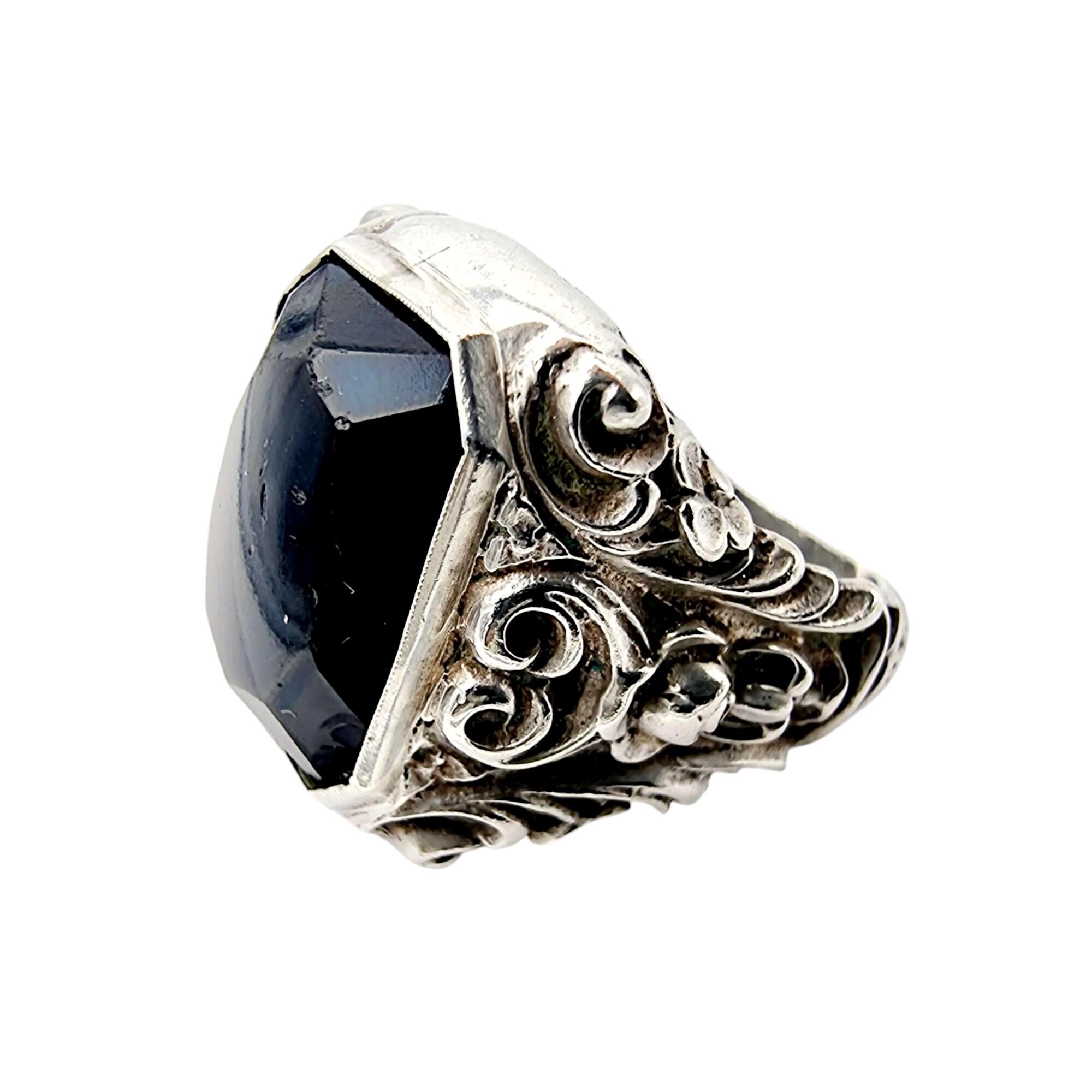 Vintage Silver Black Onyx Statement Ring - Ornate Filigree Design