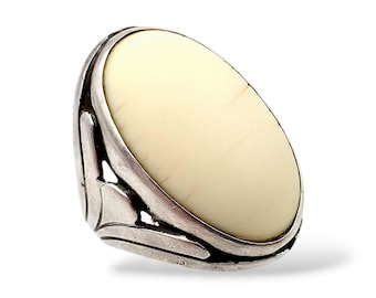 Anillo vintage de plata con cabujón grande de concha estilo camafeo | Anillo llamativo y llamativo, talla EU 56 (EE. UU. 7.5) | Joyería retro de mediados de siglo, marca R+A