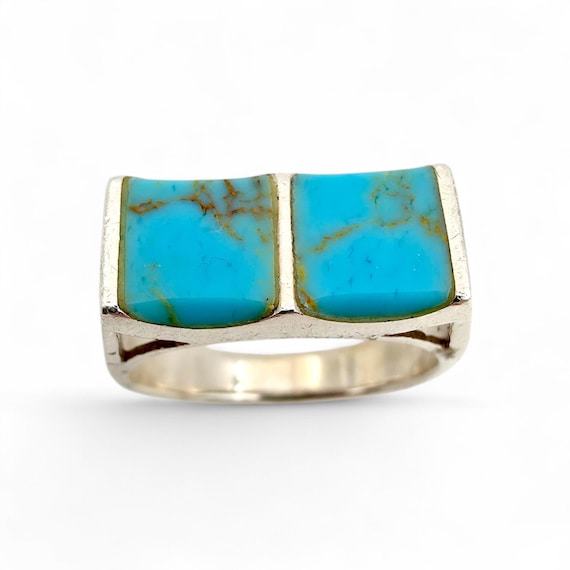 Vintage Silver Turquoise Ring Rectangular Inlay 7… - image 3
