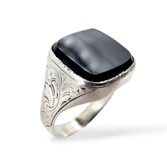 【vintage】Signet ring silver - unknown Vintage Silver Signet Ring With Black Onyx – Engraved Details – EU