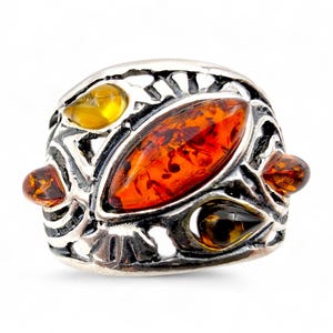 Vintage Silver Ring with Multi-Colored Amber Stones- Size 55
