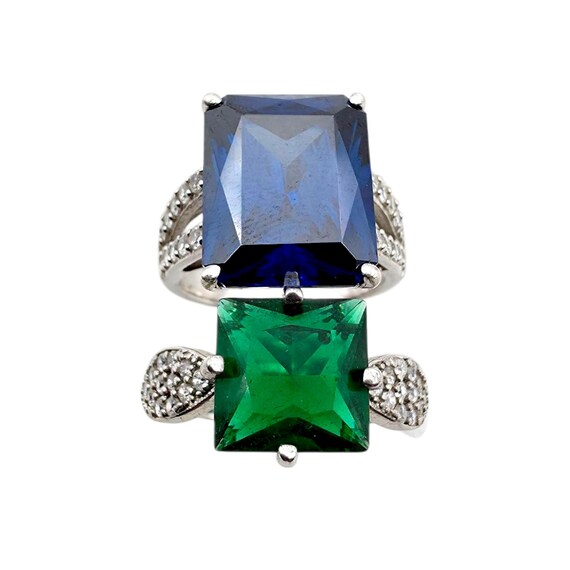Bold Silver Statement Ring Set with Blue & Green … - image 6