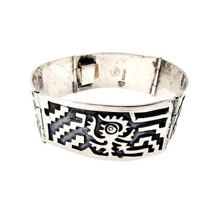 Vintage Mexico Sterling Silver Bracelet with Tribal Motif – Black Enamel Inlay – Bold Statement Piece