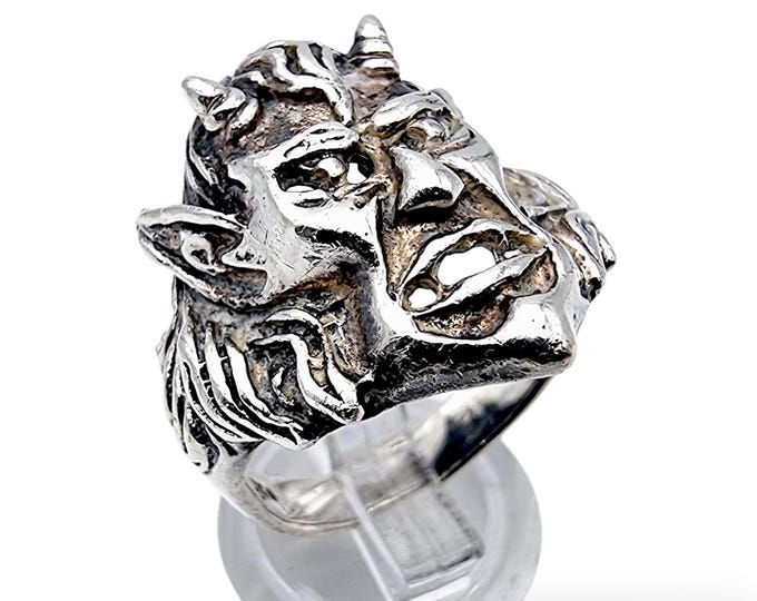 Vintage Brutalist Silver Devil Face Ring, Gothic Demon Mask Statement ...