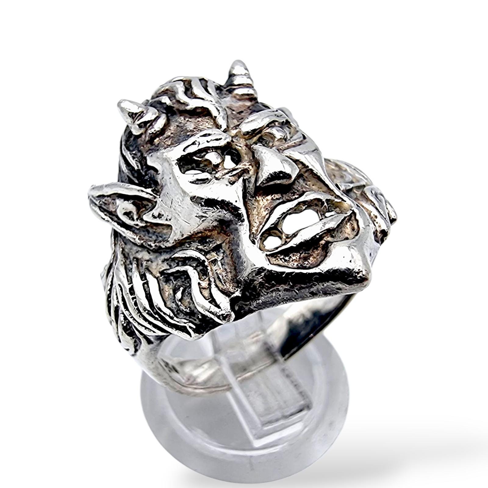 Vintage Brutalist Silver Devil Face Ring, Gothic Demon Mask Vintage Brutalist Silver Devil Face Ring, Gothic Demon Mask