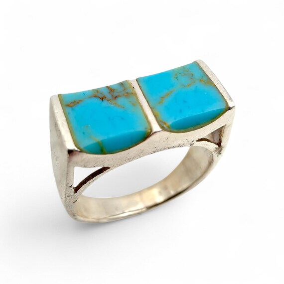 Vintage Silver Turquoise Ring Rectangular Inlay 7… - image 2