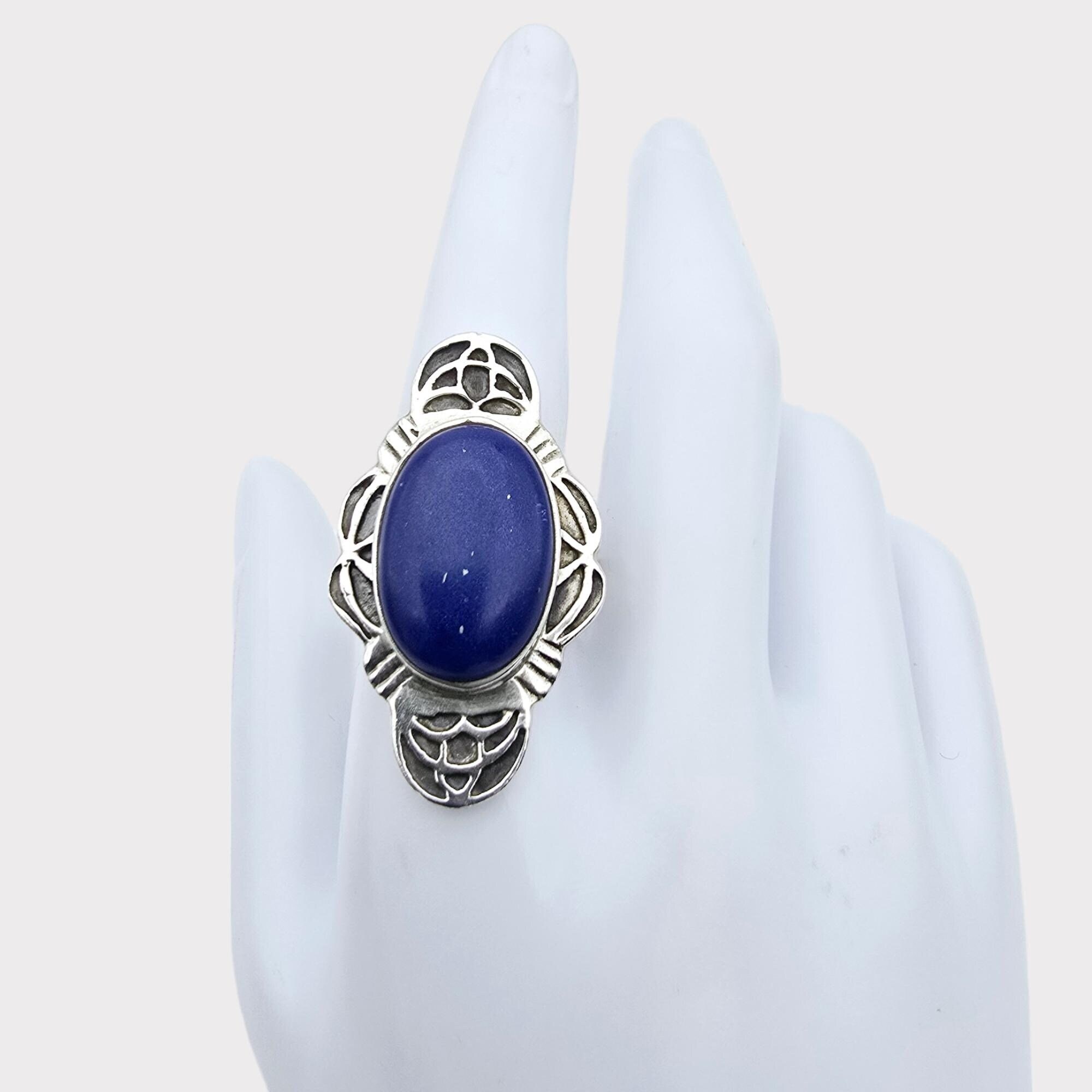 Vintage Sterling Silver Statement Ring with lapis lazuli Stone | Large Boho Chic Design | Size 59.5 (US 9.25)