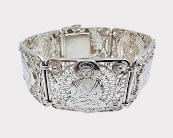 RARE Vintage Japanese Silver Panel Bracelet with Buddhist Motifs, Buddha, Dragon, lotus, and Pagoda