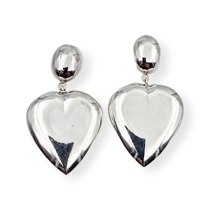 Vintage Silver Puffy Heart Earrings, Bold 1980s Romantic Drop