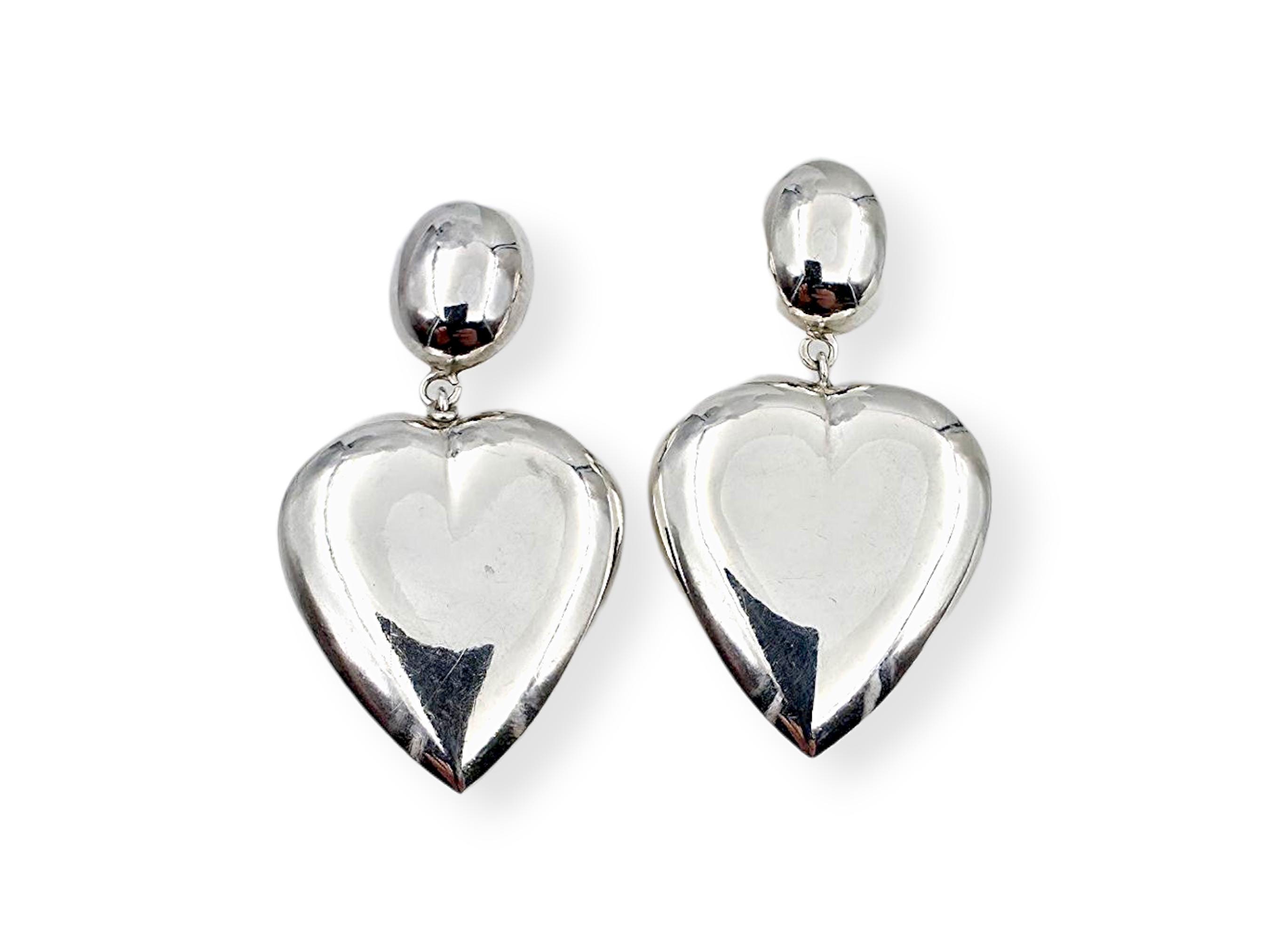 Vintage Silver Puffy Heart Earrings, Bold 1980s Romantic Drop
