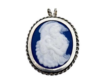Broche pendentif camée Wedgwood bleu vintage en argent sterling – Mère et enfant classiques – Bijou à double fonction – 52 x 37 mm (2 x 1,45 po)