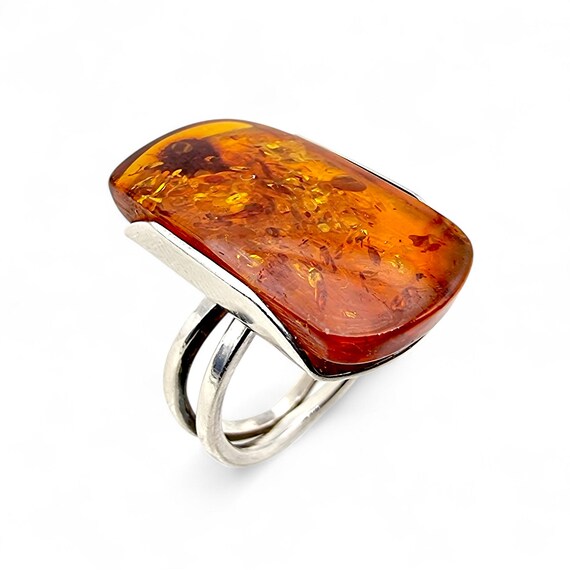 Vintage Silver Amber Ring Large Rectangular Table… - image 4