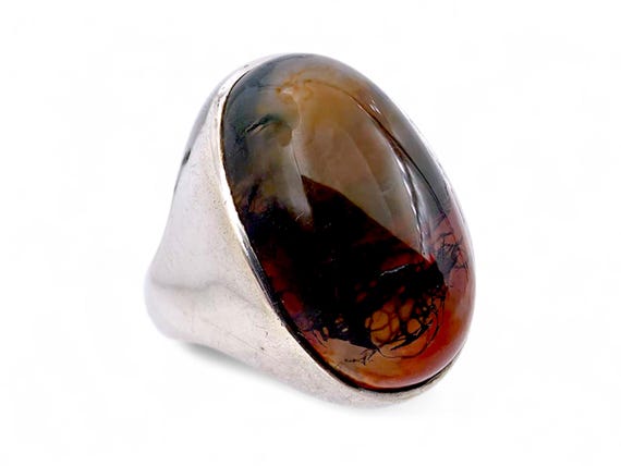 Vintage Silver Ring with Scenic Agate Gemstone – Unique Landscape Stone Jewelry, Size 56
