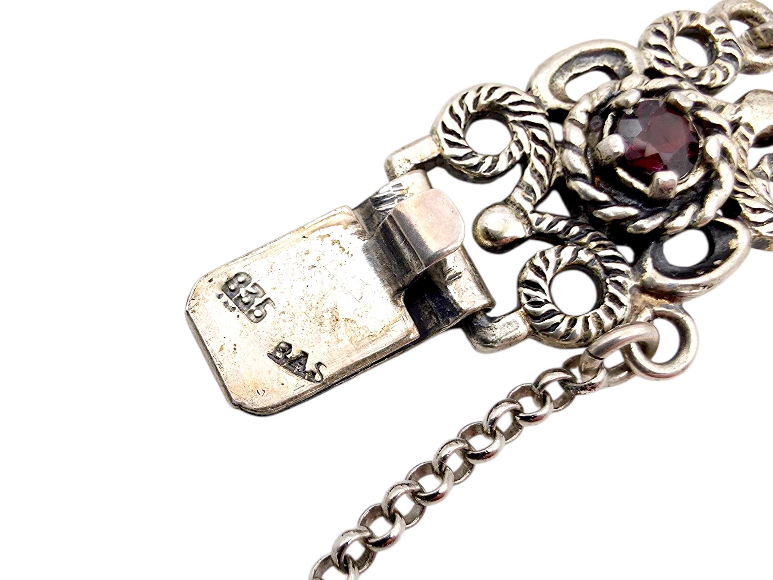 Vintage BAS 835 Silver Garnet Bracelet | Ornate Filigree Double
