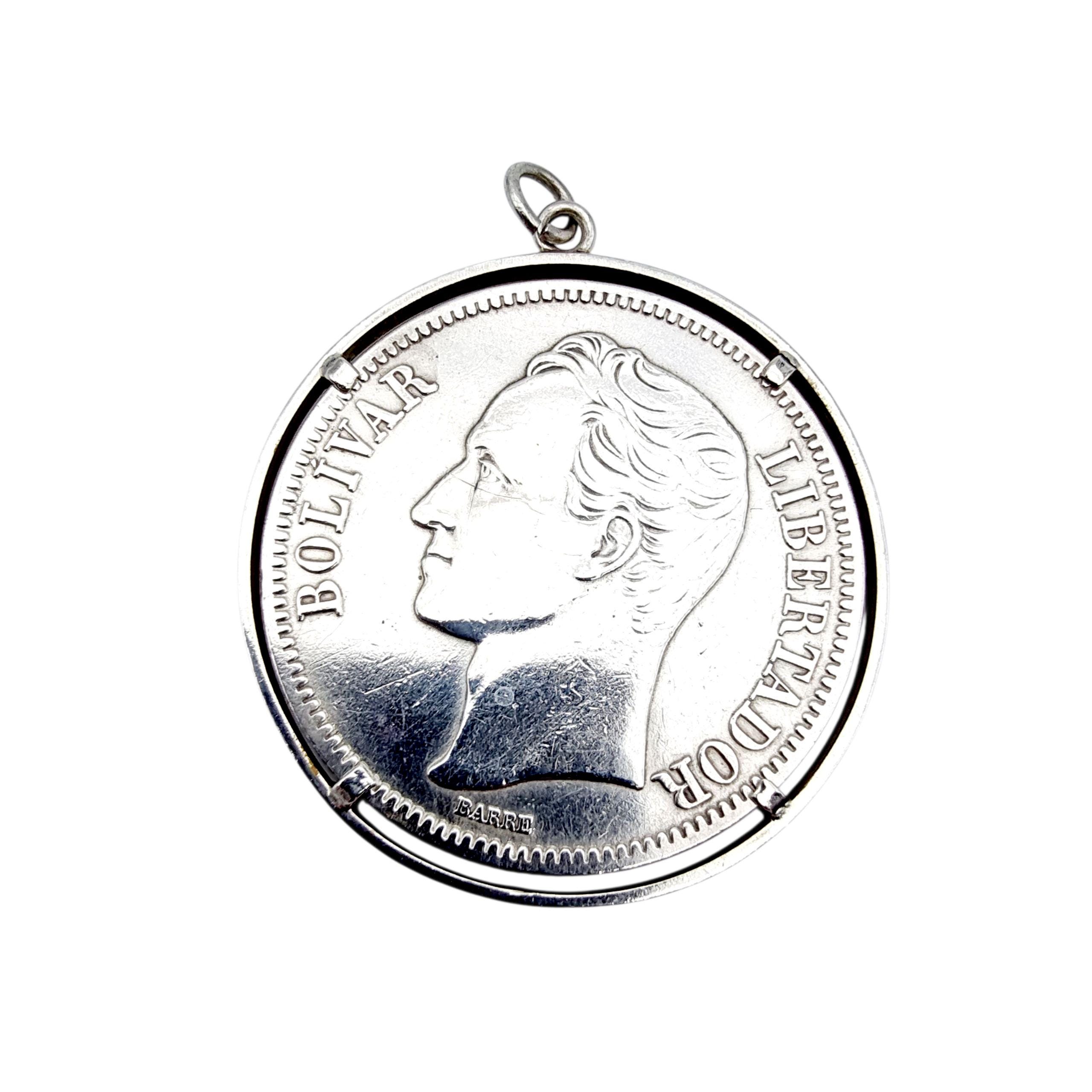 ヴィンテージ シルバー コイン ペンダント * 1935年 ベネズエラ 25グラム ボリバル * 歴史的貨幣ジュエリー * コレクターズ シルバー ネックレス