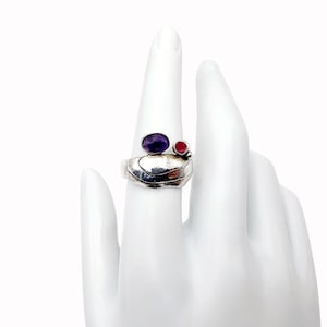 Vintage Sterling Silver 925 Ring with Amethyst & Ruby | Artisan Statement Ring | Size 54 (US 6.75)