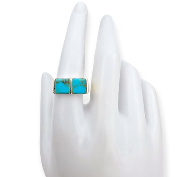 Vintage Silver Turquoise Ring Rectangular Inlay 7… - image 6