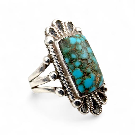 Vintage Silver Turquoise Ring Rectangular Cabocho… - image 4