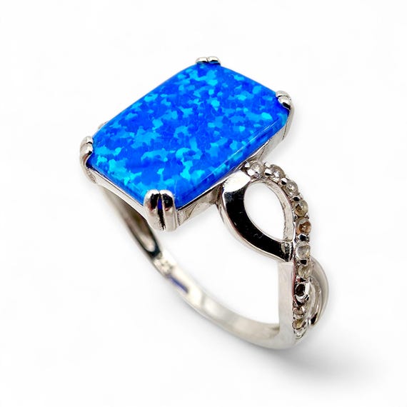 Silver Blue Opal Ring Rectangular 12 x 8 mm Infin… - image 5
