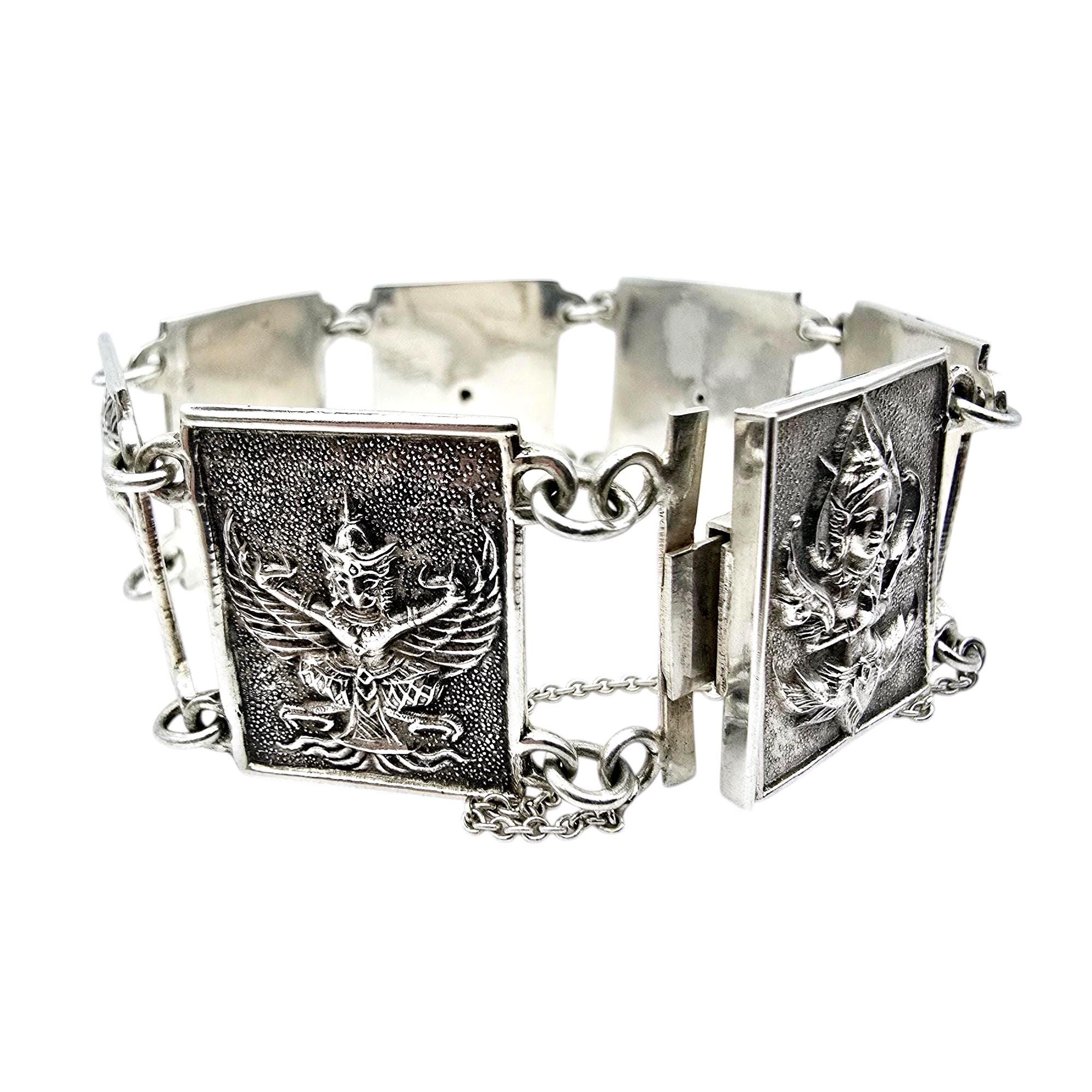 Vintage Siam Silver Panel Bracelet With Mythological Figures and