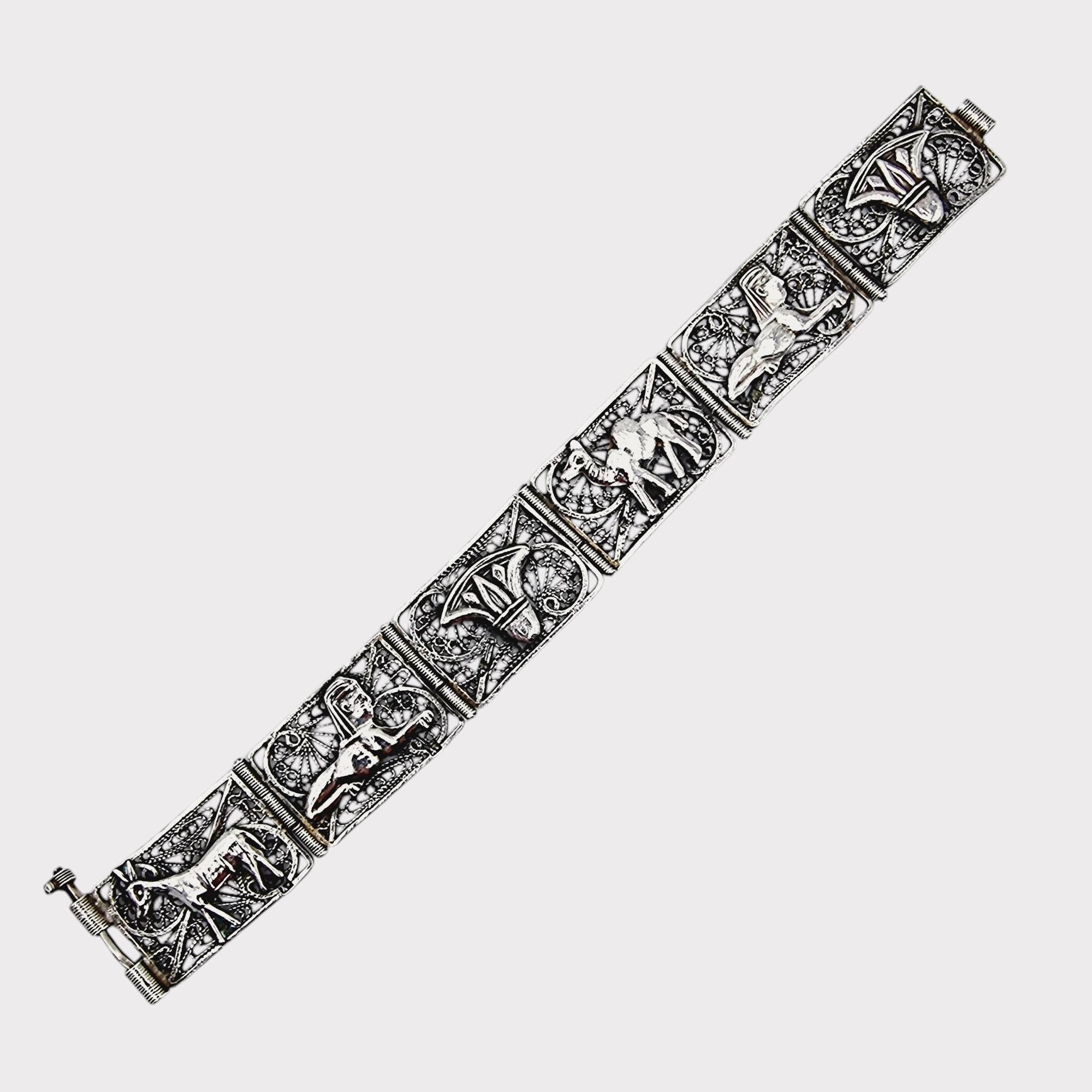 Vintage Egyptian Filigree Silver Bracelet – Sphinx, Camel & Lotus Motif, 30.09g