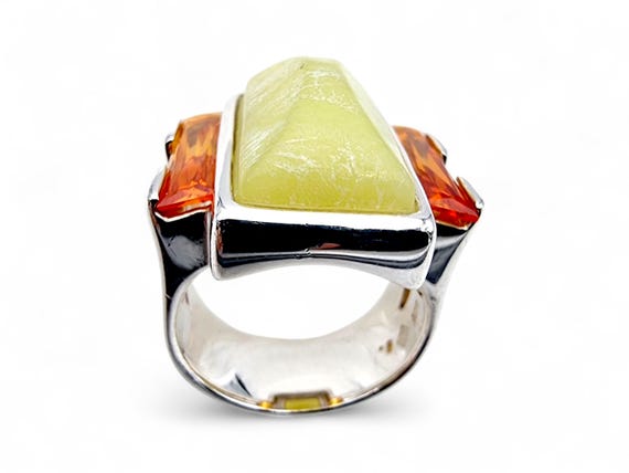 Vintage Silver Statement Ring – Large Yellow Cent… - image 7