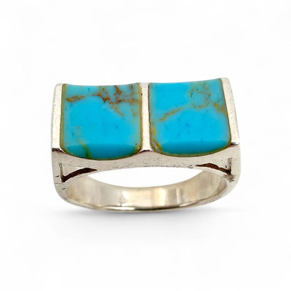 Vintage Silver Turquoise Ring Rectangular Inlay 7… - image 7