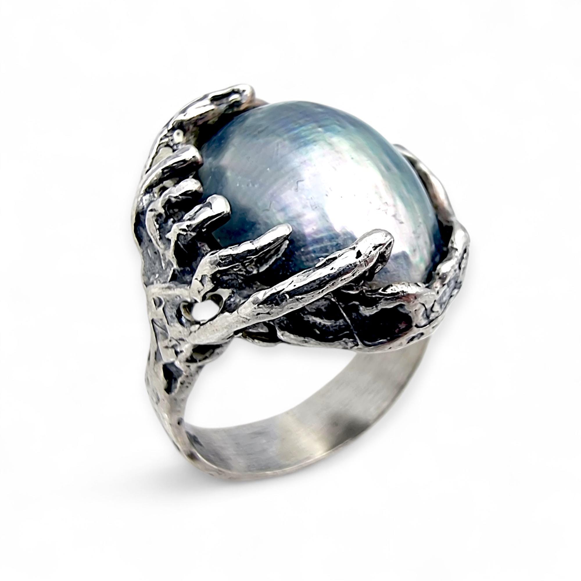その他 handmade! Vintage Silver Gray Mabe Pearl Ring Brutalist Organic Setting 925
