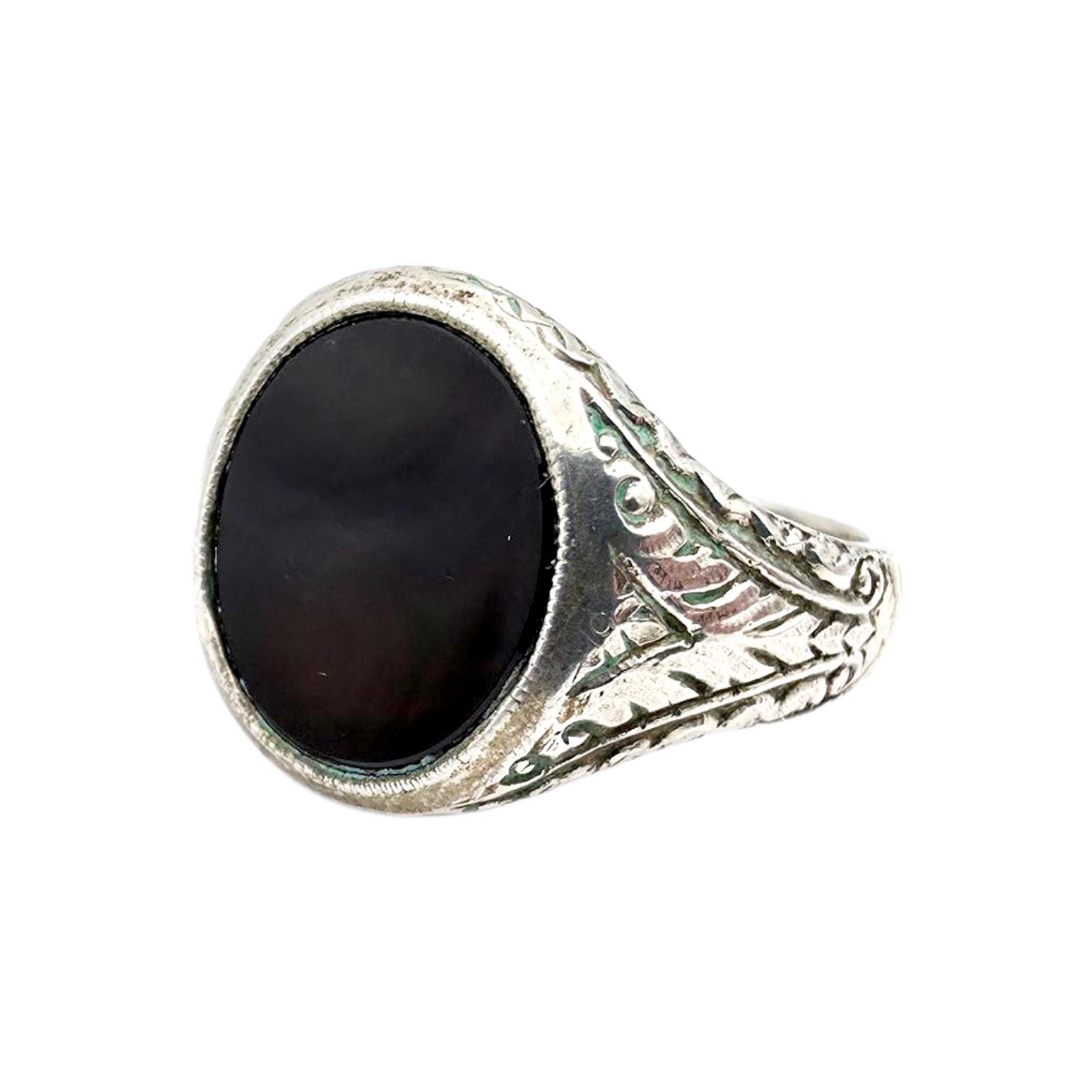VINTAGE silver ring - black onyx 16号 Vintage 835 Silver Black Onyx Ring | Engraved Ornate Design | EU