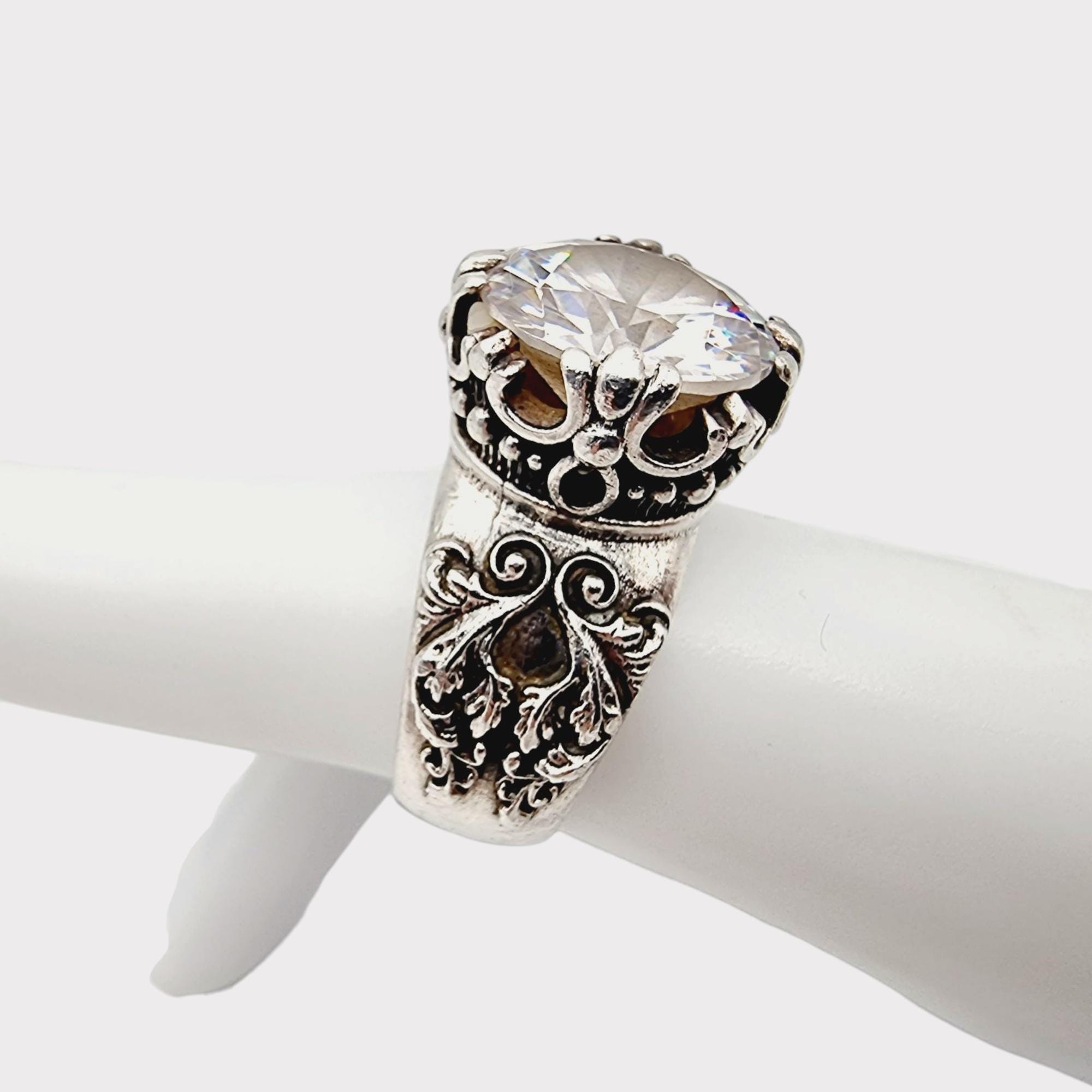 NOVE25 Vintage Silver Statement Ring With Large Clear Cubic