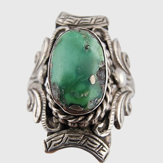 Bague Ancienne En Argent Avec Pierre Bleu-vert - Taille 48, Poids 1,55 Grammes