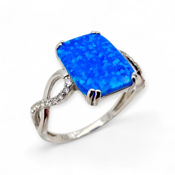 Silver Blue Opal Ring Rectangular 12 x 8 mm Infin… - image 7