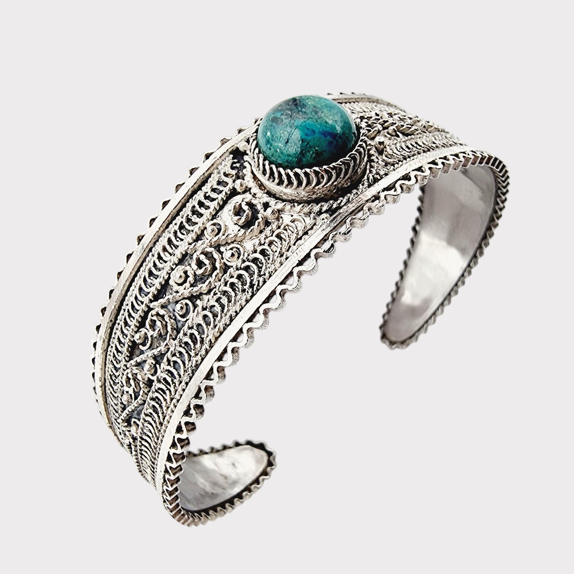 Ancien Bracelet En Argent Massif Filigrané Avec Pierres Vertes - Occasion, Bijou Vintage