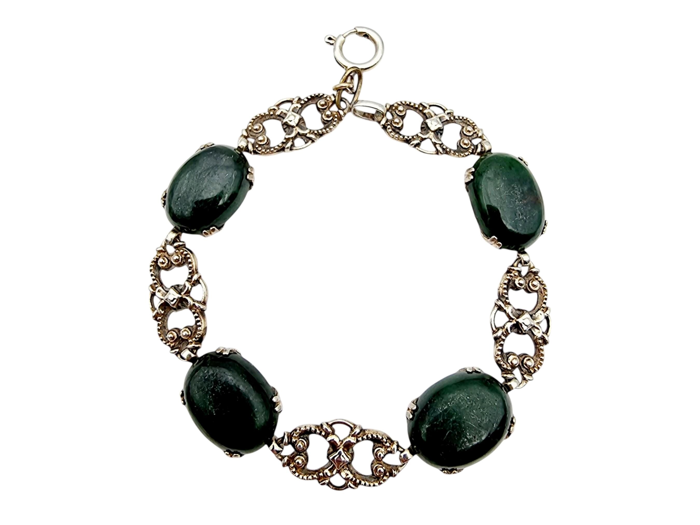Bracelet Ancien En Argent Massif – Filigrane Et Pierres Vertes – Bijou Vintage