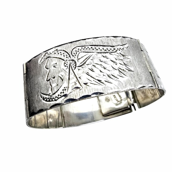 アクセサリー Vintage Mexican Silver 925 Bracelet Vintage Mexican Silver Bracelet With Warrior Headdress & Geometric