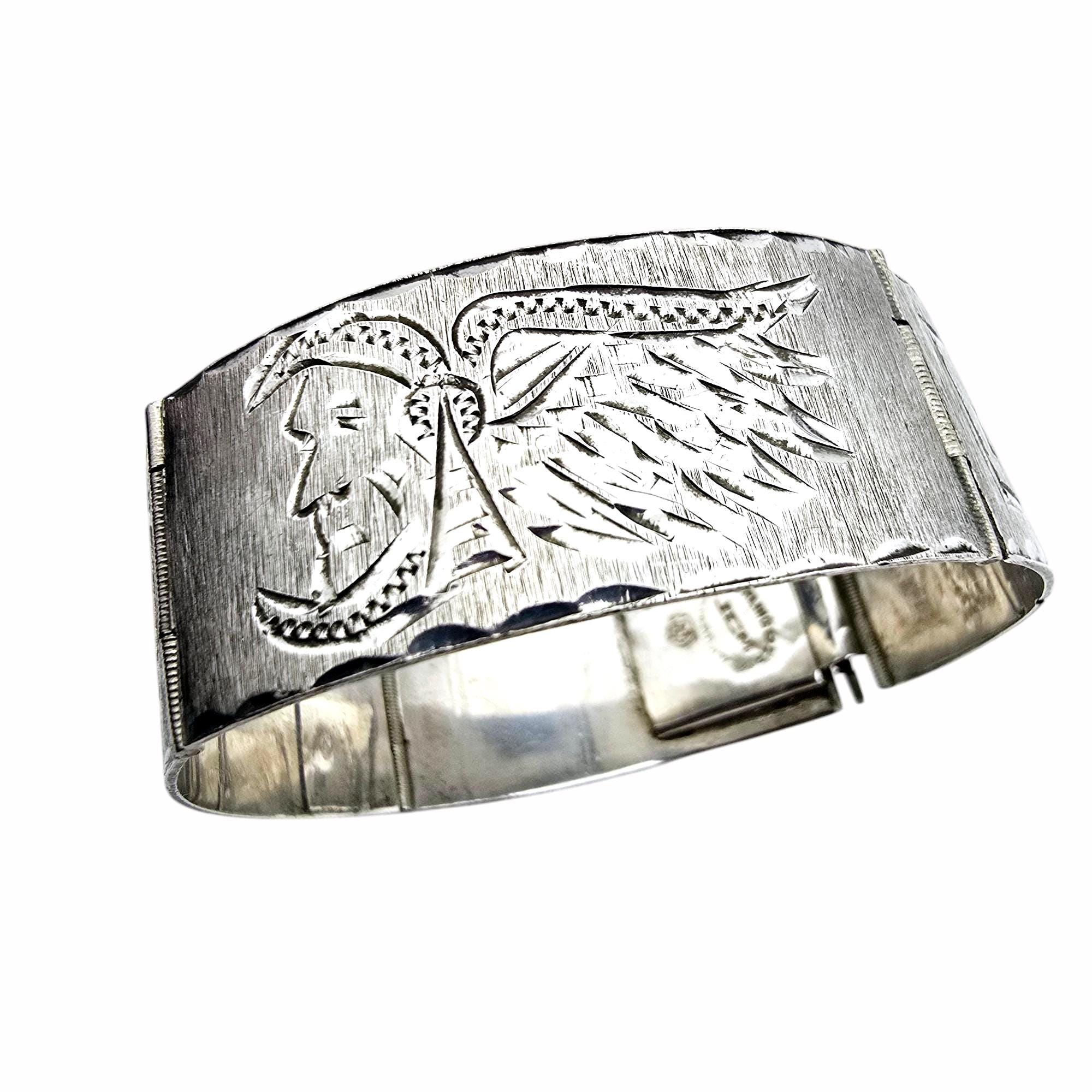 アクセサリー Mexican silver bracelet vintage Vintage Mexican Silver Bracelet With Warrior Headdress & Geometric
