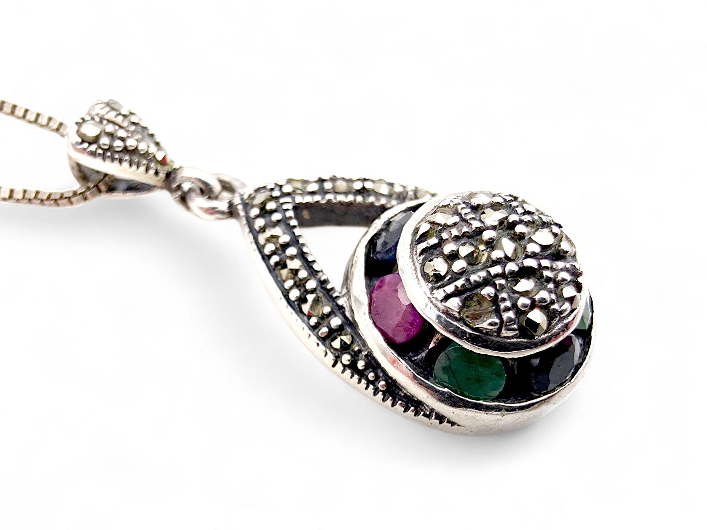 Parure Ancienne En Argent Massif 925 Avec Pierres (rubis, émeraude, Saphir) - 13,33g - Occasion, Boucles D'oreilles Et Pendentif